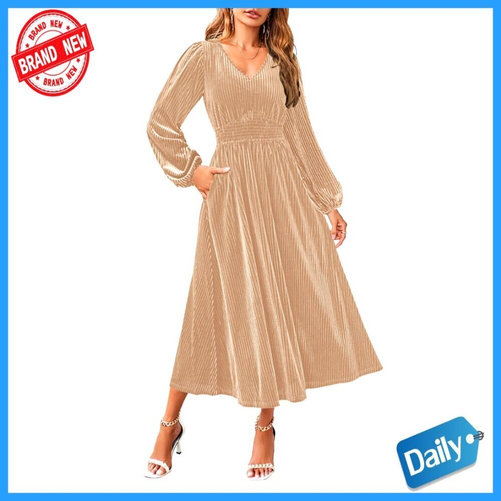 Velvet Midi Dress Elegant V Neck Long Sleeve Flowy Party Evening Wear
